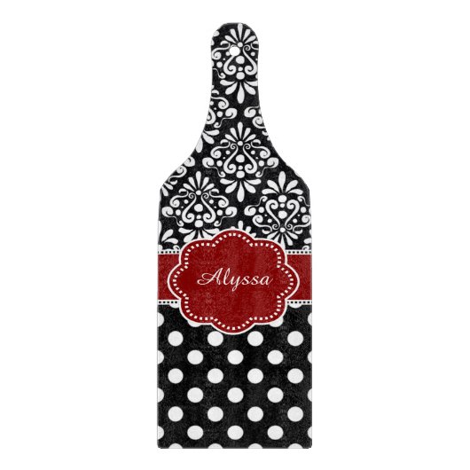 Roter schwarzer Damast punktiert personalisiertes Schneidebrett (Vorderseite)