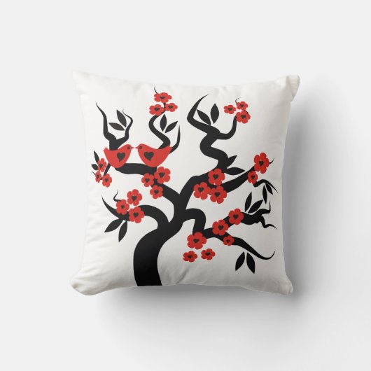 Roter Schwarzer Liebesvögel Sakura Kirschbaum & Bl Kissen (Vorderseite)
