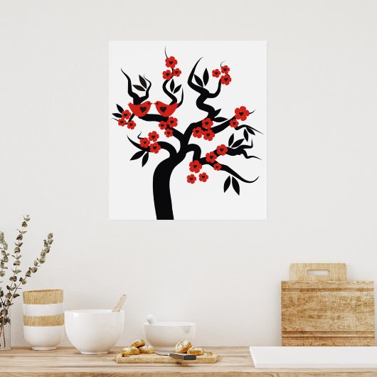 Roter Schwarzer Liebesvögel Sakura Kirschbaum & Bl Poster (Küche)