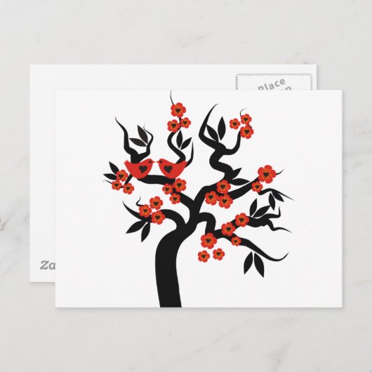 Roter Schwarzer Liebesvögel Sakura Kirschbaum & Bl Postkarte (Vorne/Hinten)