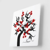 Roter Schwarzer Liebesvögel Sakura Kirschbaum & Bl Quadratische Wanduhr (Winkel)