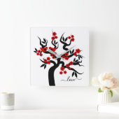 Roter Schwarzer Liebesvögel Sakura Kirschbaum & Bl Quadratische Wanduhr (Zuhause)