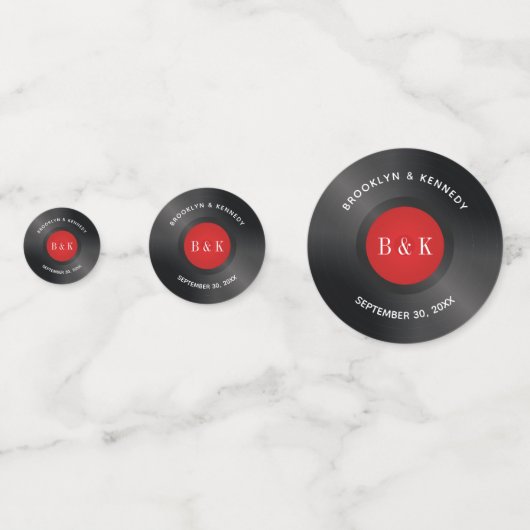 Roter schwarzer Rock und Roll Monogramm Name Vinyl Konfetti (Rückseiten)