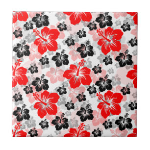 Roter schwarzer tropischer Hibiskus-Blumenprint  Fliese