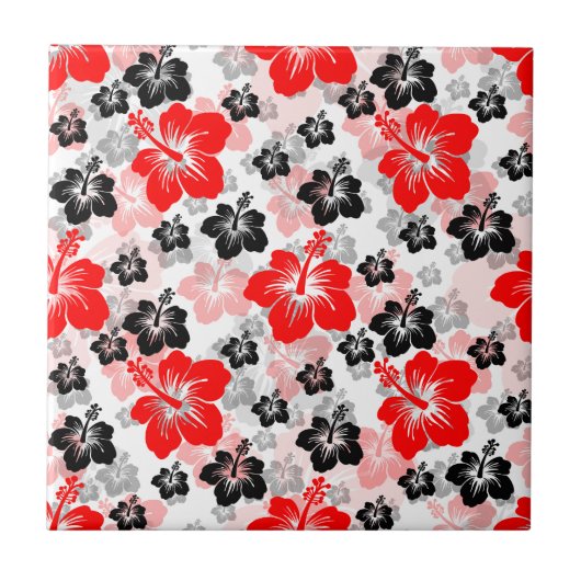 Roter schwarzer tropischer Hibiskus-Blumenprint Fliese (Vorderseite)