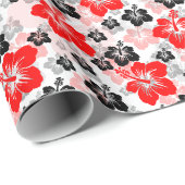 Roter schwarzer tropischer Hibiskus-Blumenprint Geschenkpapier (Rolleneckpunkt)