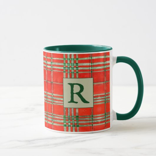 ROTER SCOTT TARTAN Jägergrün Combo Tasse + Initial (Rechts)
