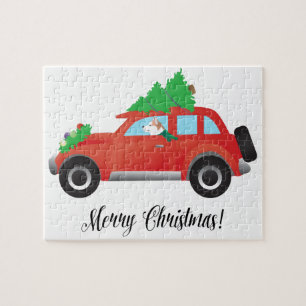 Roter sibirischer Husky in Weihnachtswagen Puzzle