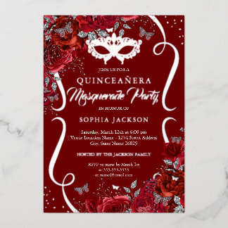 Roter Silber Blumenrolle Masquerade Quinceanera Folieneinladung