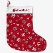 Roter Silber Pet Name Paw Prints Großer Weihnachtsstrumpf (Vorderseite)