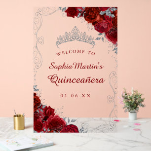 Roter Silber Swirl floral Quinceanera Acrylzeichen Acrylschild
