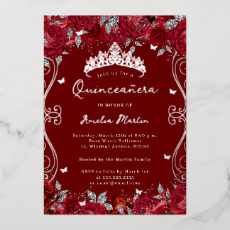 Roter Silber Swirl Scroll Floral Quinceanera Folieneinladung
