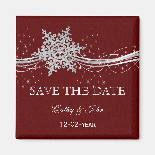 Roter Silberschneeflocken Winter Save the Date Magnet (Vorne)