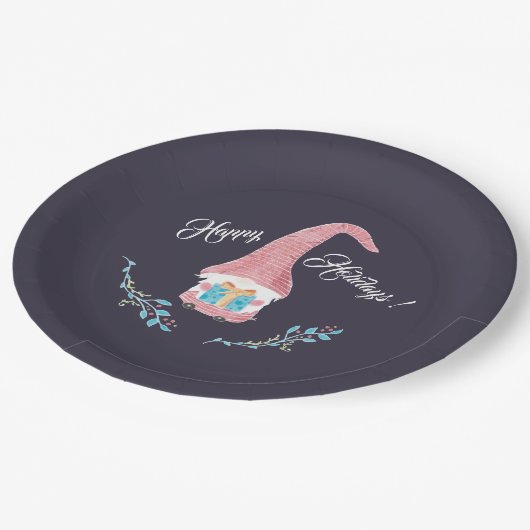 Roter Skandinavier Gnome mit einem aktuellen Urlau Pappteller (Schrägansicht)