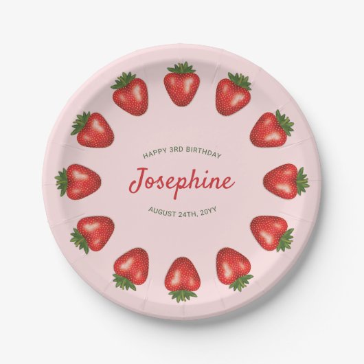 Roter Sommer Erdbeeren am rosa Geburtstag Pappteller (Vorderseite)