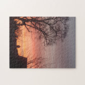 Roter Sonnenuntergang Himmel Schwarze Silhouetten Puzzle (Horizontal)
