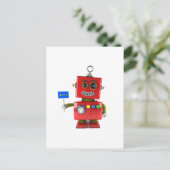Roter Spielzeugroboter mit Hallo-Zeichen Postkarte (Stehend Vorderseite)