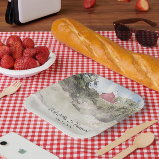 Roter Stall auf der Hillside Country Farm Wedding Pappteller (Picknick)