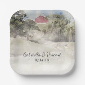 Roter Stall auf der Hillside Country Farm Wedding Pappteller (Vorderseite)