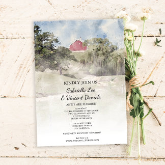 Roter Stall auf Hillside Farm Wedding Watercolor Einladung