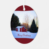 Roter Stall im Schnee Ornament Aus Metall (Vorderseite links)