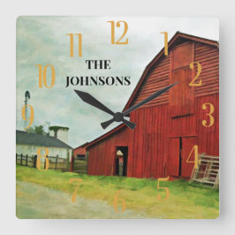 Roter Stall Landschaftlich Rustikales Land  Quadratische Wanduhr
