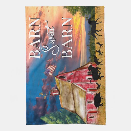 Roter Stall mit Tieren in der Rustikal Geschirrtuch (Vertikal)