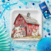 Roter Stall Niedliche Kuh und Hühnerjunge Geburtst Pappteller (Party)