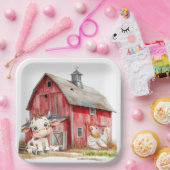 Roter Stall Niedliche Kuh und Hühnerjunge Geburtst Pappteller (Party)