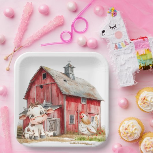 Roter Stall Niedliche Kuh und Hühnerjunge Geburtst Pappteller (Party)