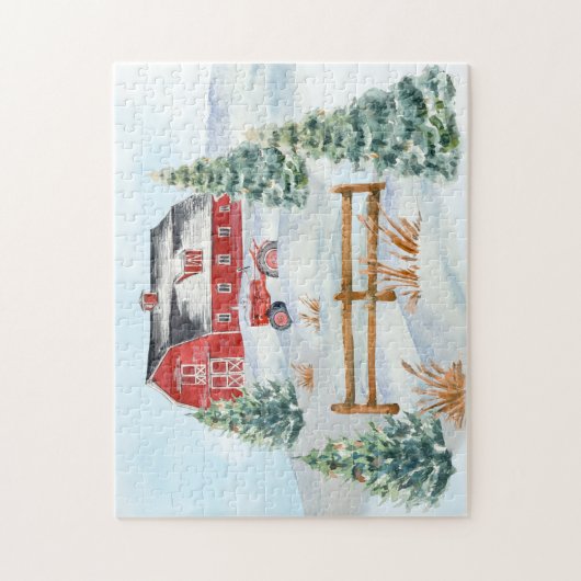 Roter Stall, roter Traktor, Schnee, Pinienbäume, L Puzzle (Vertikal)