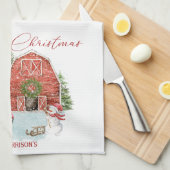 Roter Stall, Schneemann, Bäume, Vintages Rotes Aut Geschirrtuch (Viertel Falte)