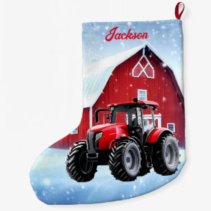 Roter Stall und moderner roter Traktor Großer Weihnachtsstrumpf