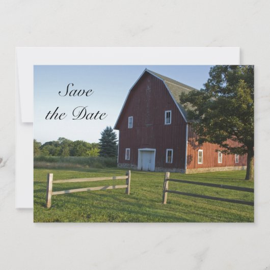 Roter Stall und Zaun Land Hochzeit Save the Date Einladung (Vorderseite)