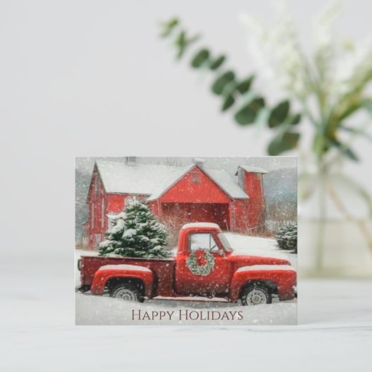 Roter Stall, verschneite Landschaft und festlicher Postkarte (Stehend Vorderseite)