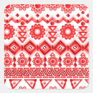 Roter Stamm, ethnisches Muster der Aquarellfarbe. Quadratischer Aufkleber