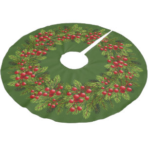 Roter Stechpalmen-Beeren Grünes Kiefernnadeln-Moti Polyester Weihnachtsbaumdecke