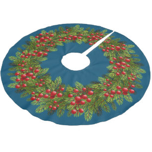 Roter Stechpalmen-Beeren Grünes Kiefernnadeln-Moti Polyester Weihnachtsbaumdecke