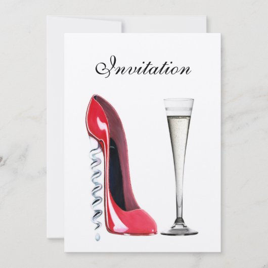 Roter Stiletto Corkschraube Ferse und Champagne Fl Einladung (Vorderseite)
