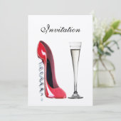 Roter Stiletto Corkschraube Ferse und Champagne Fl Einladung (Stehend Vorderseite)