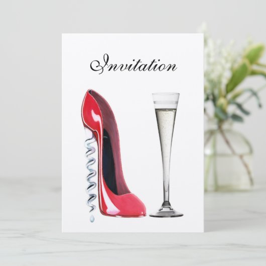 Roter Stiletto Corkschraube Ferse und Champagne Fl Einladung (Stehend Vorderseite)