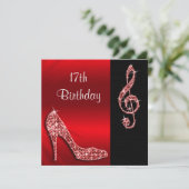 Roter Stiletto & Treble Cleft 17. Geburtstag Einladung (Stehend Vorderseite)