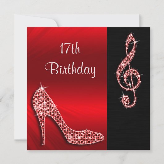 Roter Stiletto & Treble Cleft 17. Geburtstag Einladung (Vorderseite)