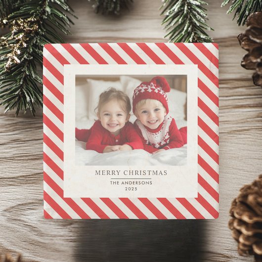 "Roter Streifen mit Foto Frohe Weihnachten und Nam Steinuntersetzer