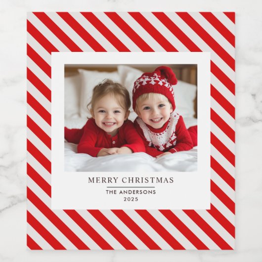 "Roter Streifen mit Foto Frohe Weihnachten und Nam Weinetikett (Einzelnes Label)