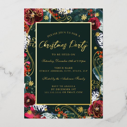 Roter Swirl Blume Rahmen Weihnachts-Party Folieneinladung (Vorderseite)