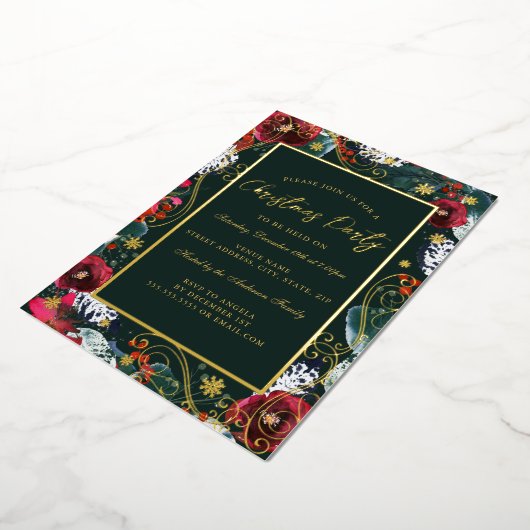 Roter Swirl Blume Rahmen Weihnachts-Party Folieneinladung (Gedreht)