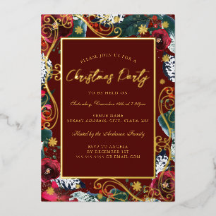 Roter Swirl Blume Rahmen Weihnachtsfeiertag Party Folieneinladung