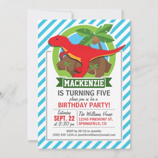 Roter T-Rex Dinosaurier; Blaue und weiße Streifen Einladung (Vorderseite)