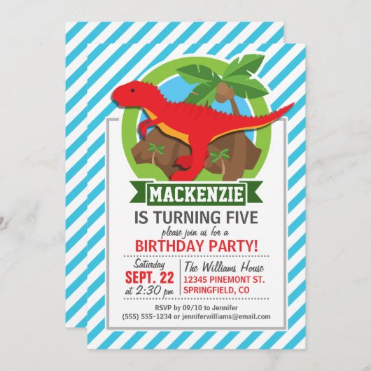 Roter T-Rex Dinosaurier; Blaue und weiße Streifen Einladung (Vorne/Hinten)